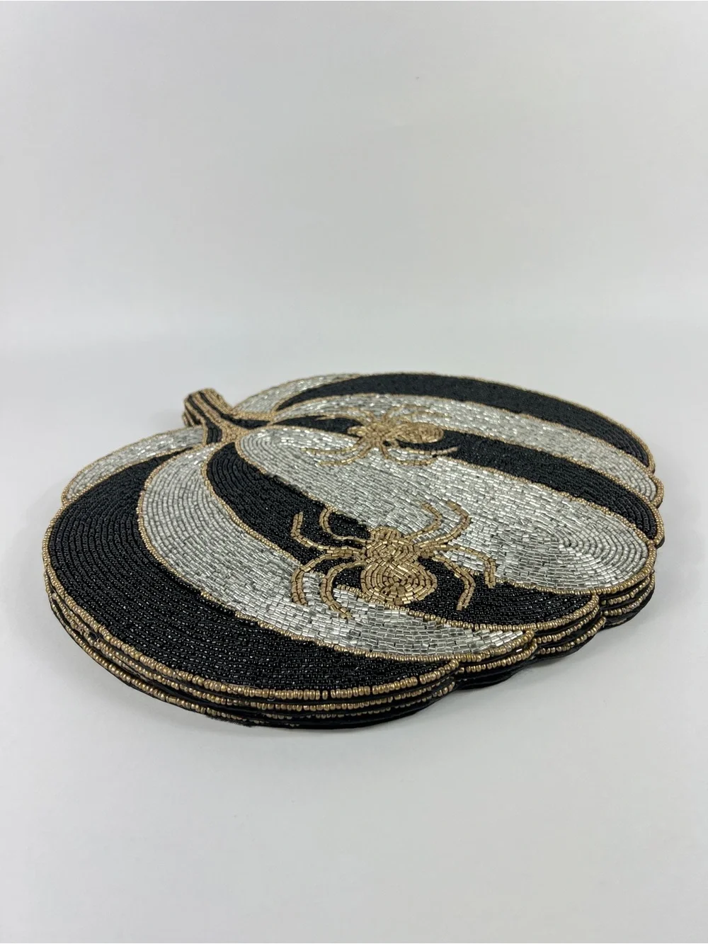 Christian Siriano Beaded Black, Silver & Gold Pumpkin Spider Placemats 4 Pc NEW
